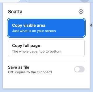 The Scatta popup, with Copy visible area highlighted, Copy full page below it and a Save as file switch